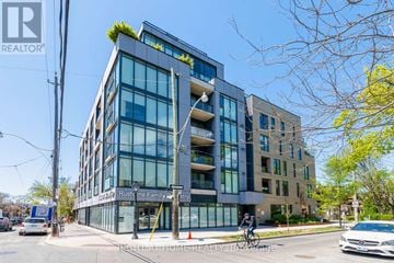 Toronto (Dufferin Grove) condo for rent - A modern multi-story building with a glass facade and a sign that reads "Rush Time Family Dentistry.".