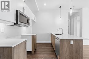 Windsor condo for rent - A modern kitchen with wooden cabinets and a white countertop.