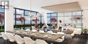Toronto (Willowdale East) condo for rent - A modern dining room with a large table and chairs, a chandelier, and a view of the outdoors through large windows.