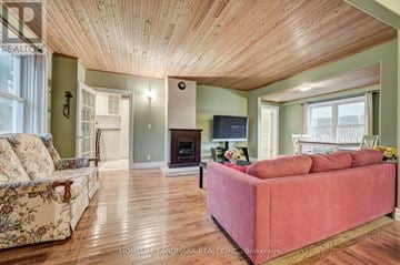 Burlington (Brant) apartment for rent - A living room with a red couch and a fireplace.