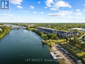 Welland (Broadway) condo for rent - A real estate company logo is displayed on an aerial view of a waterfront property.