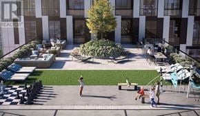 Toronto (Islington-City Centre West) condo for rent - A man is playing chess in a courtyard with a woman and two children watching.