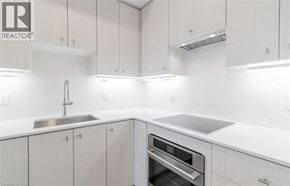 Kitchener condo for rent - A modern kitchen with white cabinets and a stainless steel sink.