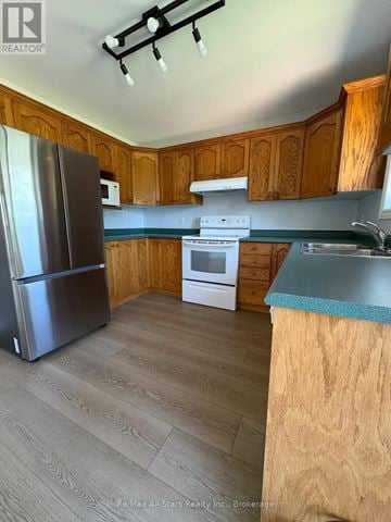 Kawartha Lakes (Lindsay) apartment for rent - A kitchen with wooden cabinets and a stainless steel refrigerator.