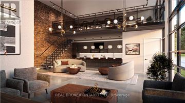 Toronto (Highland Creek) condo for rent - A living room with a brick wall and a staircase.
