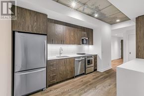 Toronto (South Riverdale) condo for rent - A modern kitchen with wooden cabinets and stainless steel appliances.