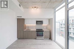 Toronto (South Riverdale) condo for rent - A modern kitchen with a large window overlooking the city.