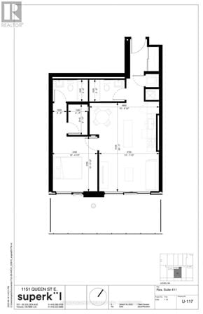 Toronto (South Riverdale) condo for rent - A black and white floor plan for a property located at 1151 Queen St E.