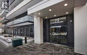 Richmond Hill (Langstaff) condo for rent - A modern building entrance with a glass door and a number 75 on it.
