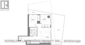 Toronto (Waterfront Communities) condo for rent - A floor plan for a home with a living room, dining room, kitchen, and two bathrooms.