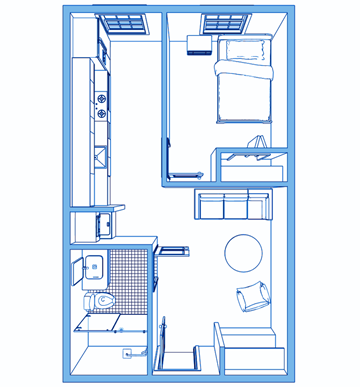 Amherst apartment for rent - A blueprint of a bathroom with a toilet, sink, and shower.