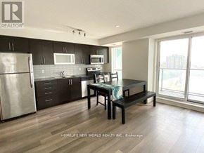 Toronto (Bendale) condo for rent - A kitchen with a refrigerator, microwave, oven, and sink.