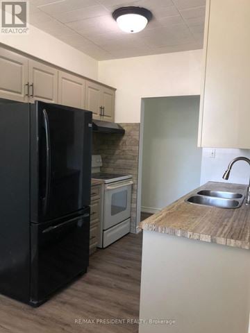Kitchener condo for rent - A black refrigerator stands in a kitchen with wooden cabinets and a marble countertop.