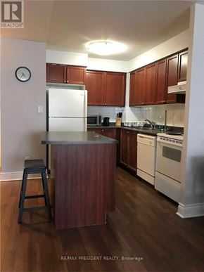 Mississauga (City Centre) condo for rent - A kitchen with wooden cabinets and a white refrigerator.