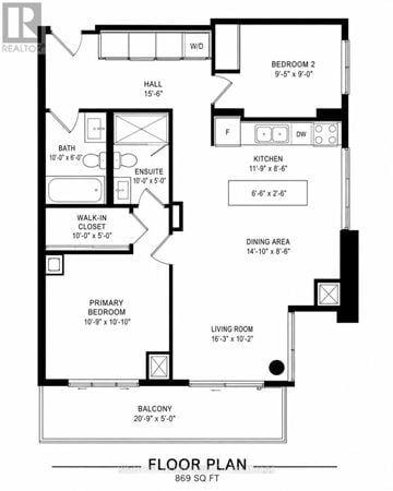 Toronto (Niagara) condo for rent - A black and white floor plan of a house with a living room, dining area, kitchen, two bedrooms, a hallway, and a bathroom.