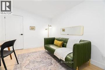 London East (East B) triplex for rent - A living room with a green couch and a rug.