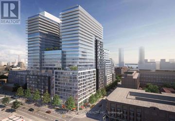 Toronto (Waterfront Communities) condo for rent - A rendering of a modern multi-story building with the REALTOR® logo and the name HOMELESS REALTY INC. BROKERAGE on it.