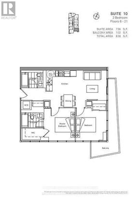 Toronto (Waterfront Communities) condo for rent - A floor plan for Suite 10 showing a 2 bedroom, 2 bathroom layout with balcony and kitchen.