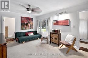 Owen Sound apartment for rent - A living room with a green couch and a wooden chair.