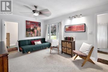 Owen Sound apartment for rent - A living room with a green couch and a wooden chair.