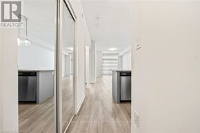 Hamilton (Waterdown) condo for rent - A long hallway with a mirror on the wall and a trash can on the floor.