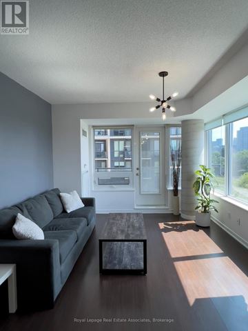 Toronto (Niagara) condo for rent - A living room with a grey couch and a coffee table.