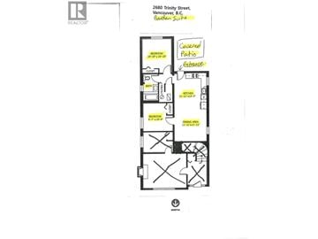 Vancouver apartment for rent - A floor plan for 260 Thirty Street shows a combined living and dining room, a kitchen, a laundry room, and a covered patio.