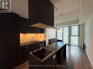 Toronto (Waterfront Communities) condo for rent - A modern kitchen with dark wood cabinets and a stainless steel island.
