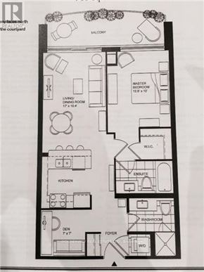 Markham (Unionville) condo for rent - A black and white floor plan of an apartment with a living room, kitchen, and two bedrooms.