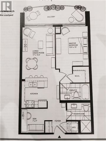 Markham (Unionville) condo for rent - A black and white floor plan of an apartment with a living room, kitchen, and two bedrooms.