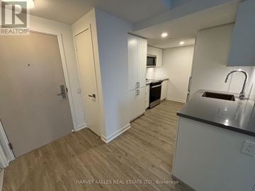 Toronto (Clanton Park) condo for rent - A kitchen area with a sink and a microwave.