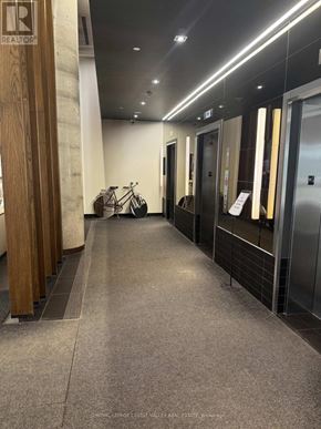 Toronto (High Park North) condo for rent - A hallway with a bicycle and elevator doors on the right.