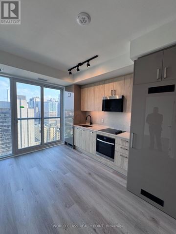 Toronto (University) condo for rent - A modern kitchen with wooden cabinets and a flat screen TV above the island.