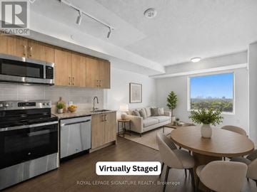 Toronto (Humber Heights) condo for rent - A modern kitchen with a dining table and chairs in a virtually staged room.