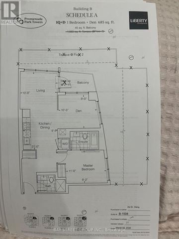 Vaughan (Brownridge) condo for rent - A floor plan for a building with a living room, kitchen, dining room, and two bathrooms.
