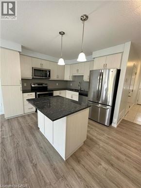 Kitchener townhouse for rent - A kitchen with a black countertop and stainless steel appliances.