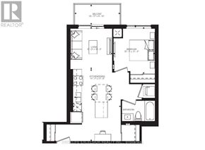 Kitchener condo for rent - A floor plan of an apartment with a living room, kitchen, and bathroom.