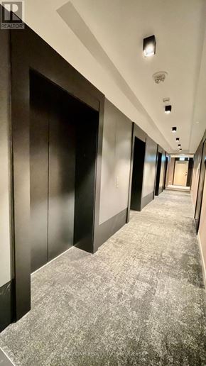 Toronto (Waterfront Communities) condo for rent - A long hallway with a carpeted floor and a series of doors on the left side.