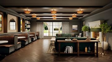 Scottsdale apartment for rent - A modern living room with a long wooden table and a green sofa.