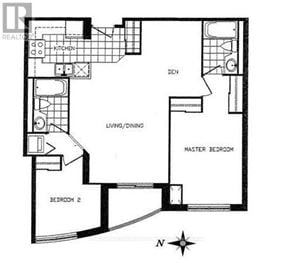 Toronto (Willowdale West) condo for rent - A black and white image of a floor plan for a home with a kitchen, living/dining area, and two bedrooms.