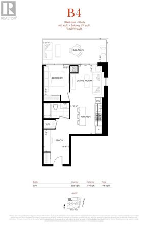 Toronto (Yonge-Eglinton) condo for rent - A floor plan for a property listed as B4 shows a bedroom, living room, study, kitchen, and bathroom.