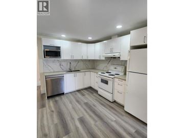 Burnaby apartment for rent - A kitchen with white cabinets and a marble backsplash.