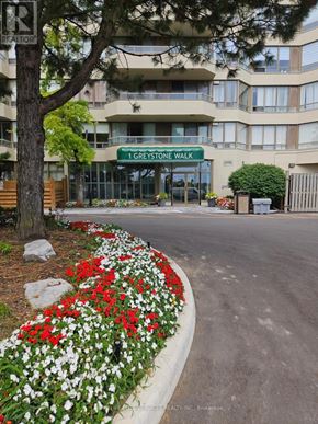 Toronto (Kennedy Park) condo for rent - A building with a sign that says 1 Greystone Walk.