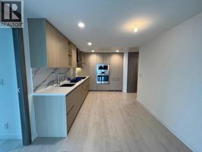 Burnaby apartment for rent - A modern kitchen with wooden floors and a marble countertop.
