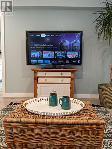 Ottawa apartment for rent - A television is on in a living room with a tray on a wicker basket in front of it.
