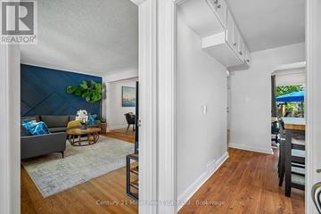 Mississauga (Mineola) apartment for rent - A living room with a grey couch and a blue wall.