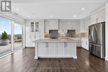 Milton (Be Beaty) condo for rent - A modern kitchen with white cabinets and a wooden island.