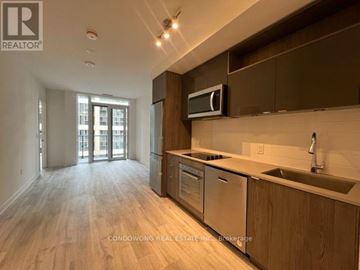 Toronto (Waterfront Communities) condo for rent - A kitchen with wooden cabinets and a stainless steel dishwasher.