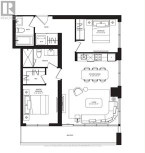 Mississauga (City Centre) condo for rent - A black and white floor plan of an apartment with a living room, kitchen, and two bedrooms.