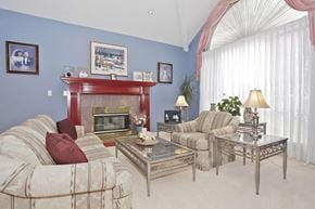 Surrey apartment for rent - A living room with a fireplace, couch, and coffee table.